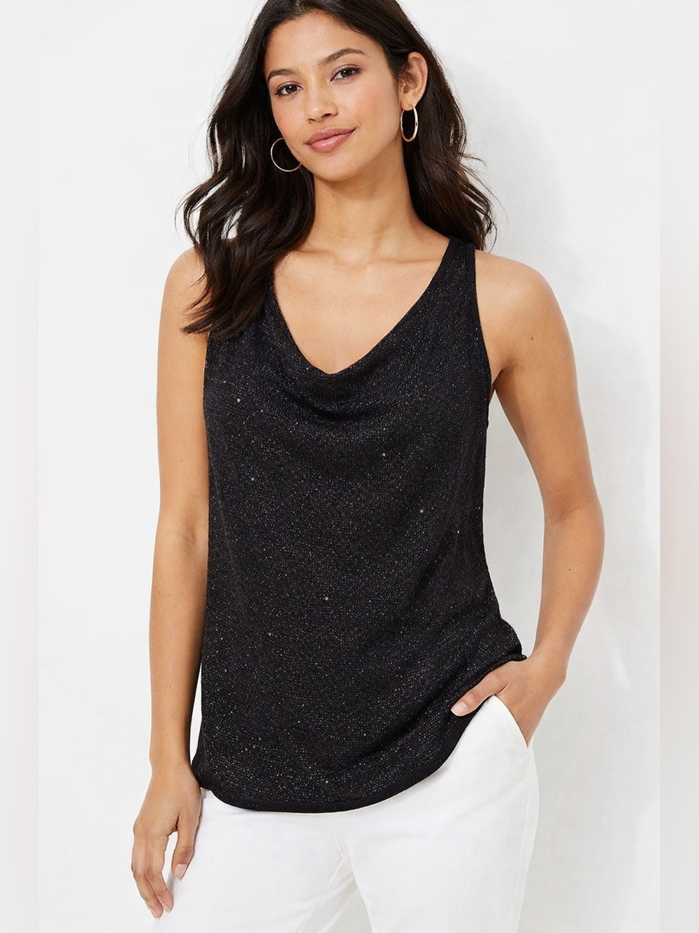 LOFT Black Large Sparkle Drape Neck Sparkle Sleeveless knit Formal wedding Top